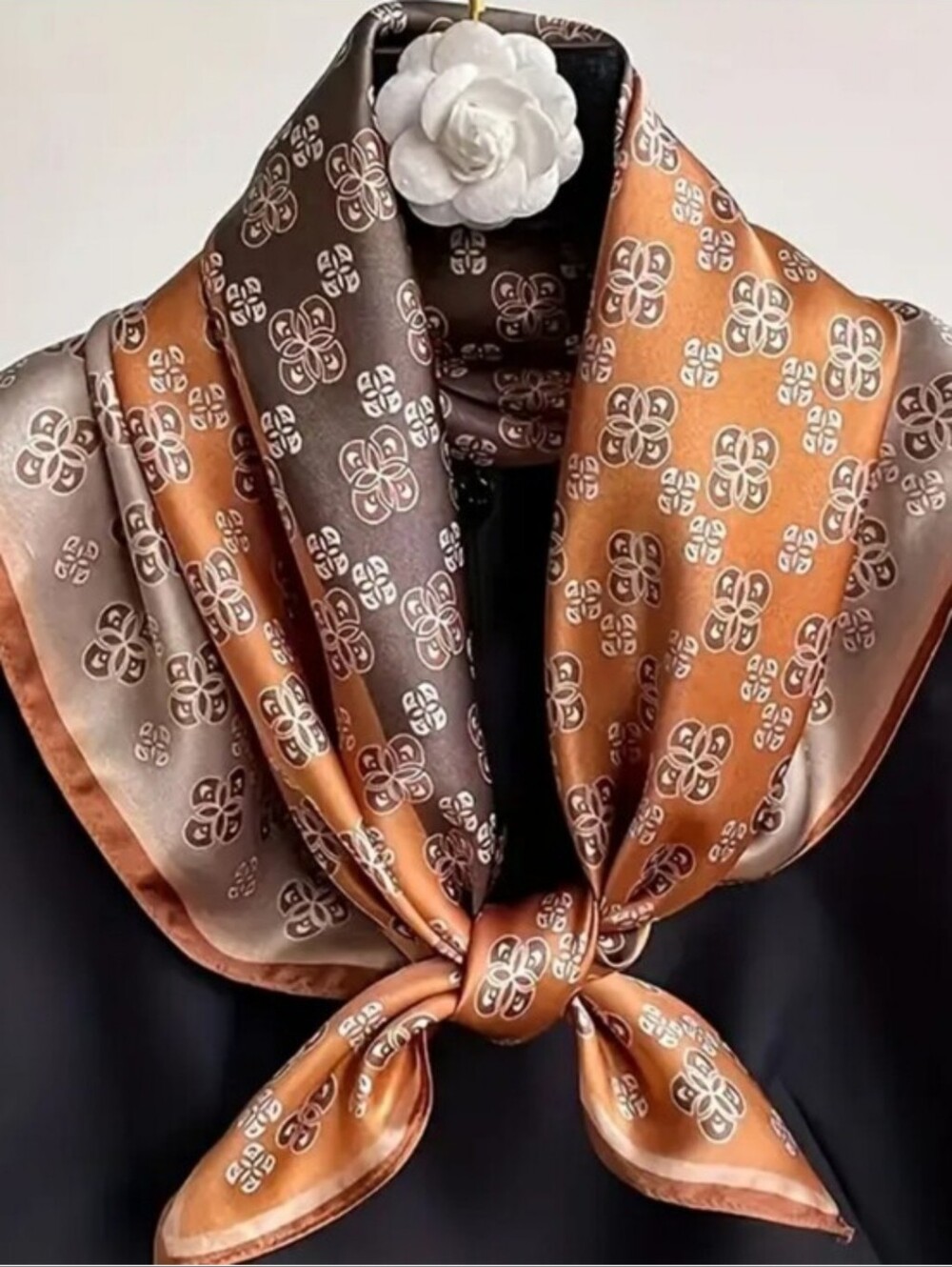 Silky Geometric Print Scarf in Copper and Brown